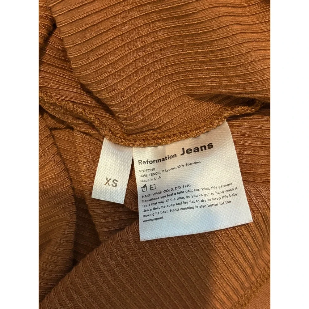 Reformation Jeans Brown Ribbed Puff Sleeve Scoop Neck Top XS Cinnamon Tencel